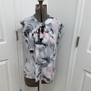 Calvin Klein size Large Gray & Pink Floral Tie-Neck Keyhole Sleeveless Blouse